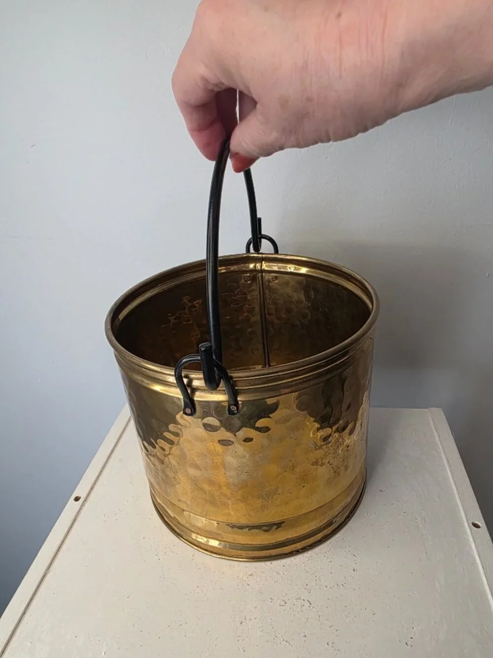 Hammered Brass Pail Bucket Black Metal Handle 6